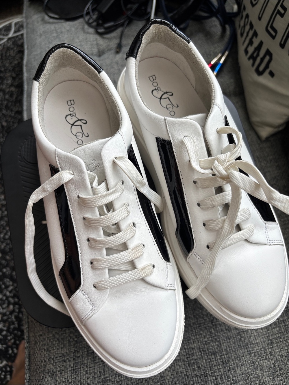 Bos. & Co. White Sneakers with Black Patent Stripe